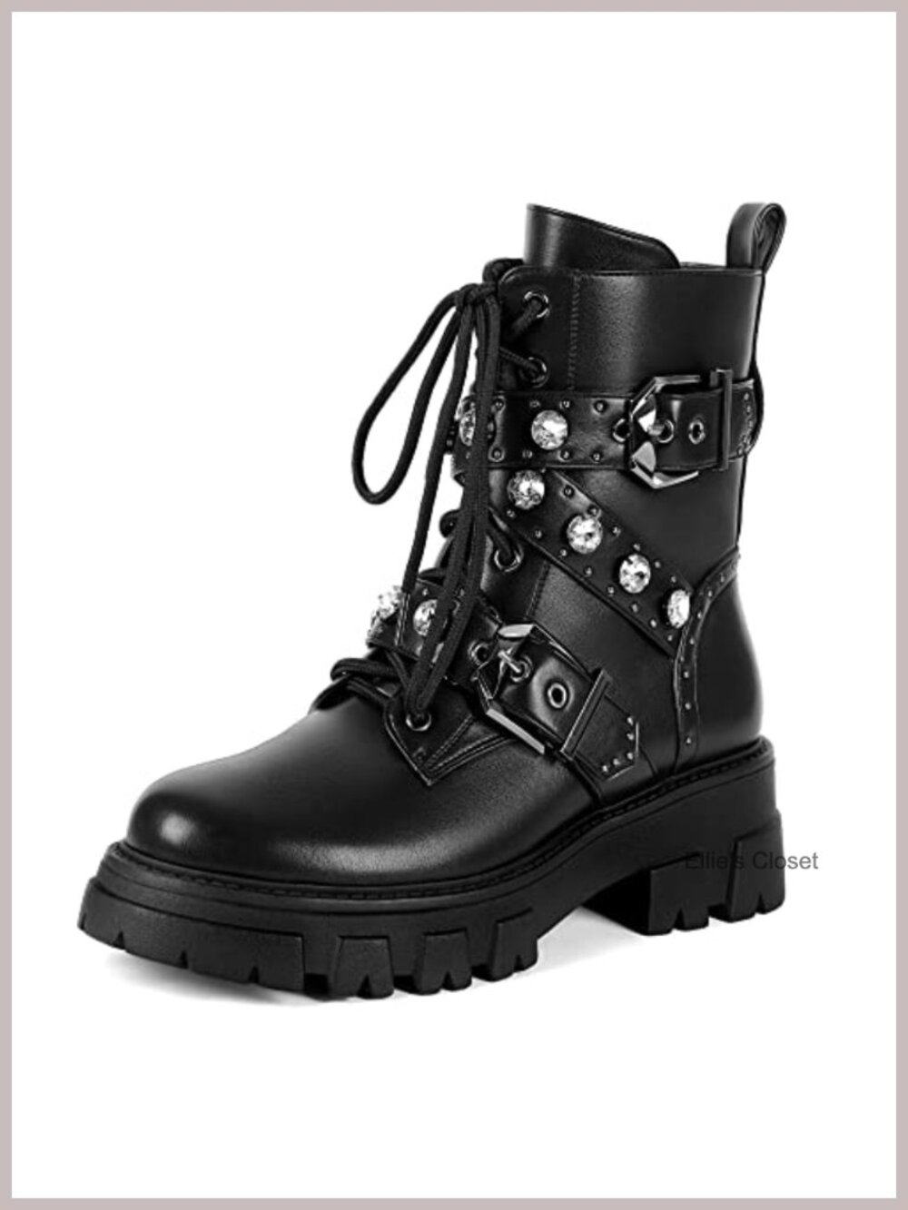 Rhinestone Studded Combat Boots with Side Zipper and Platform Sole